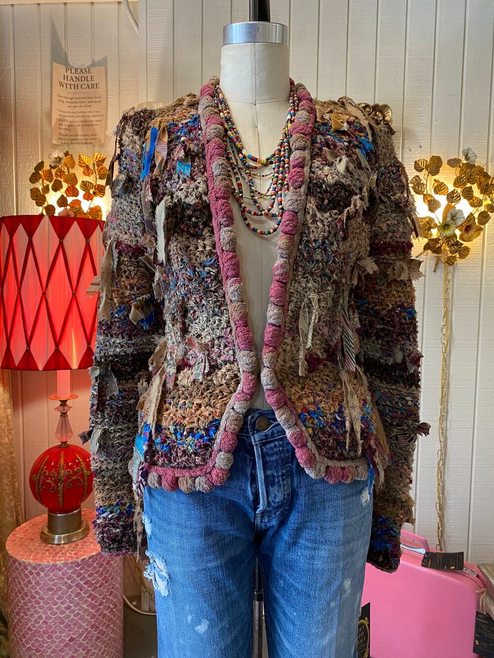 vintage 1980s estelle gracer hand knit ribbon sweater, art to wear, 80s cardigan